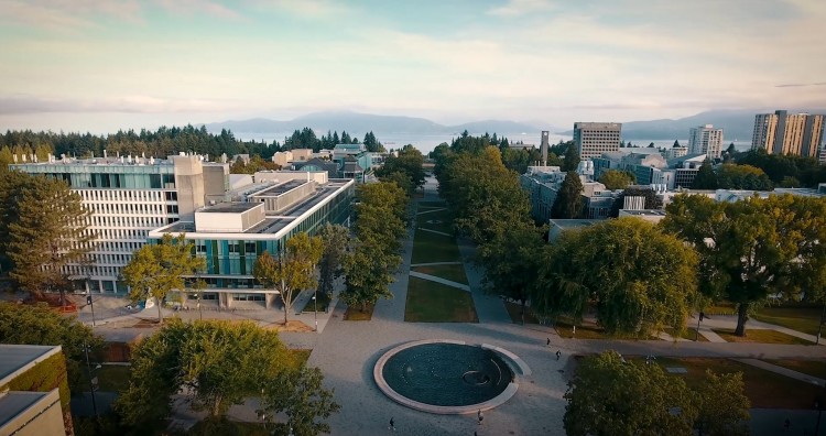 Aerial photo above fountain at UBC Vancouver campus.