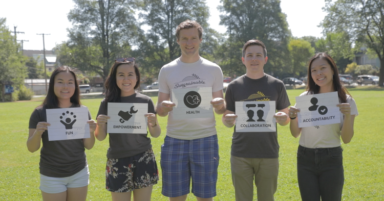 Susgrainable co-founders Marc Wandler and Clinton Bishop display their company values alongside former UBC Sauder student interns. Pictured from left to right: Venus Tsang, Maggie Yip, Marc Wandler, Clinton Bishop and Joanna Zhao.