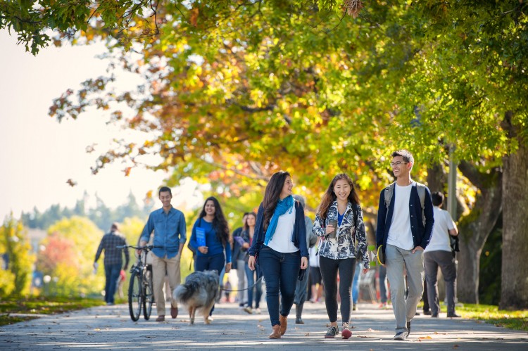 Students walk together along Main Mall on an autumn day