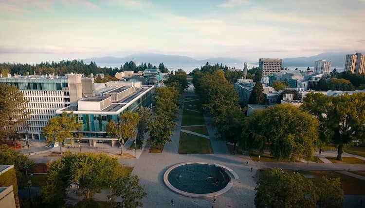 Aerial photo above fountain at UBC Vancouver campus.